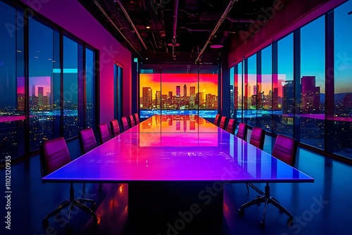 Vibrant and Futuristic Conference Room Overlooking a Dazzling Cityscape