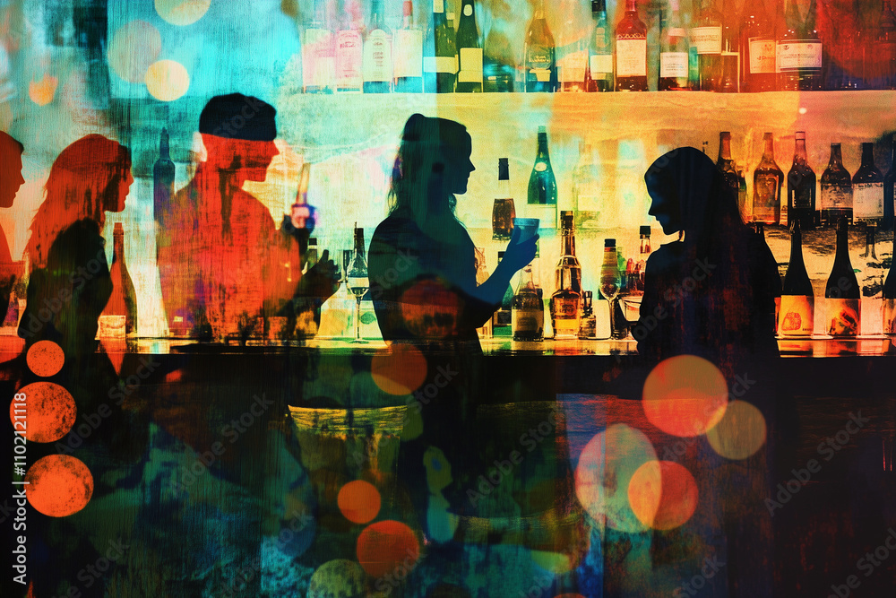 Illustration of a people in a bar at a night party, abstract and artistic collage Illustration of a people in a bar at a night party, abstract and artistic collage