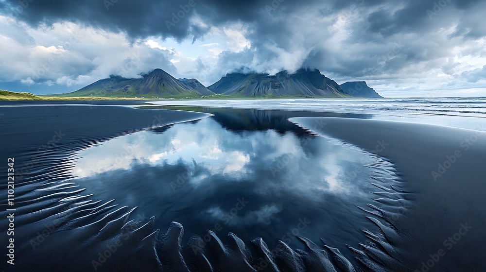 Fototapeta premium A detailed shot of tidal pools on black sand reflecting dramatic storm clouds above