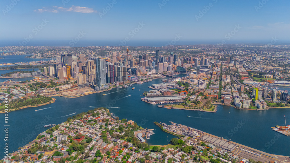 Obraz premium Aerial View of Sydney Harbour Balmain Darling harbour Sydney CBD cockle Bay Wharf North Sydney harbour bridge Lavender Bay Milsons Point Manly on a warm summer day blue skies 