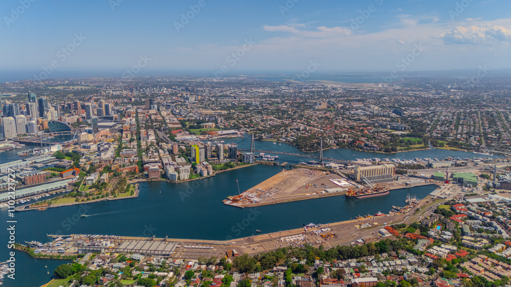 Obraz premium Aerial View of Sydney Harbour Balmain Darling harbour Sydney CBD cockle Bay Wharf North Sydney harbour bridge Lavender Bay Milsons Point Manly on a warm summer day blue skies 
