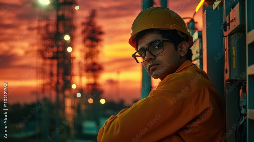 Young Engineer Against Sunset Skyline Young Engineer Against Sunset Skyline