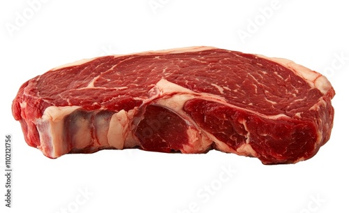 A photorealistic, high-resolution close-up photograph of a raw ribeye steak, isolated on a white background with no shadows or reflections.