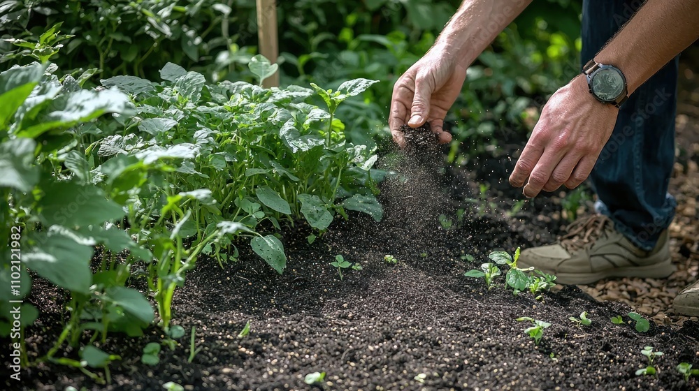 Fototapeta premium Gardener sprinkling compost over garden soil, promoting healthy growth and sustainability