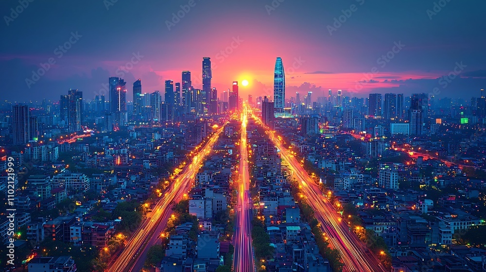Fototapeta premium Mesmerizing Cityscape at Dusk with Towering Skyscrapers and Vibrant Lights