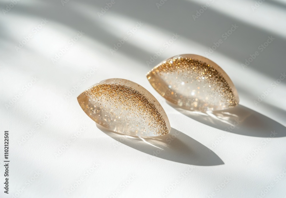 Elegant translucent decorative pieces with glitter detail resting on a light surface casting soft shadows, perfect for artistic and contemporary design aesthetics. Elegant translucent decorative pieces with glitter detail resting on a light surface casting soft shadows, perfect for artistic and contemporary design aesthetics.