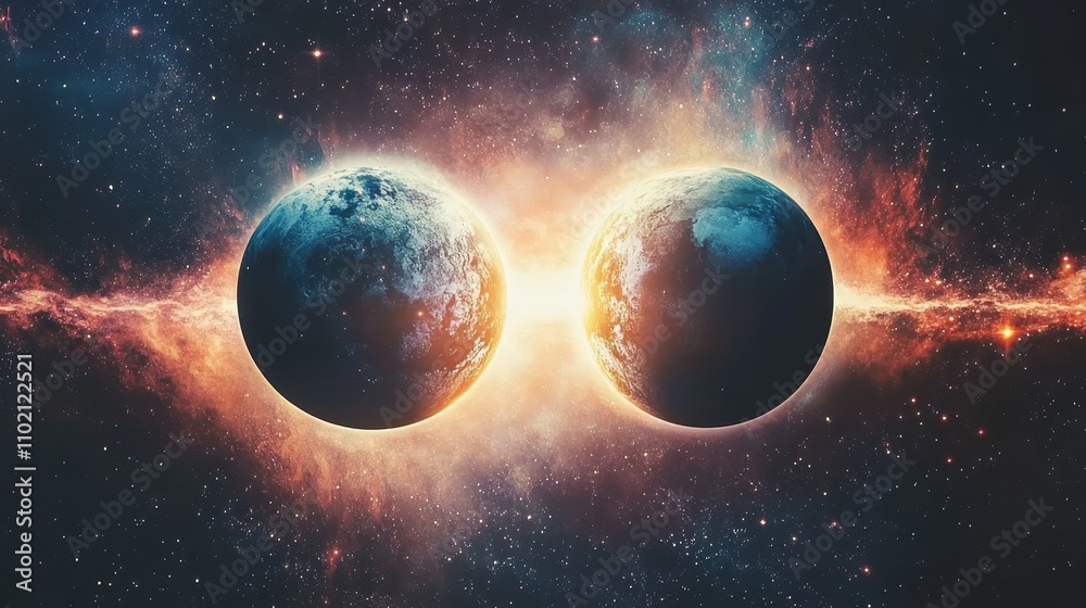 Obraz premium Cosmic Bridge: Planets Connected - Two planets connected by a vibrant energy bridge, symbolizing unity, connection, transition, hope, and cosmic wonder.
