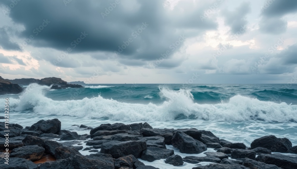 Dramatic ocean waves crashing on rocky shore under stormy sky. Dramatic ocean waves crashing on rocky shore under stormy sky.