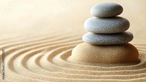 Stacked grey stones on beige sand with raked concentric circles, zen garden.