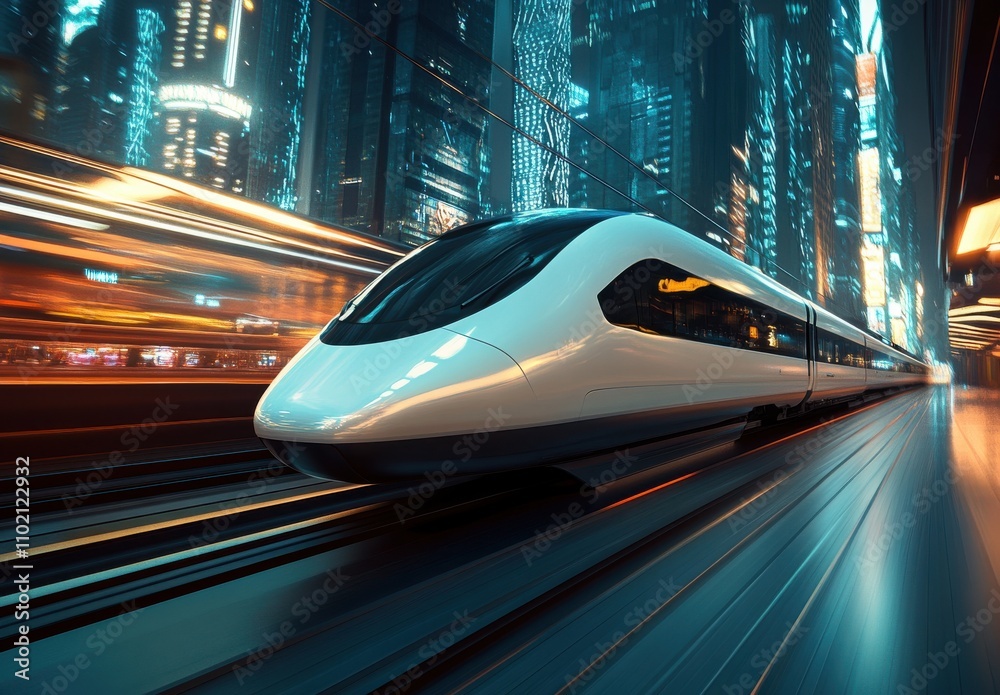 Fototapeta premium Futuristic High-Speed Train in a Neon Cityscape at Night with Blurred Lights and Modern Architecture Reflecting Dynamic Urban Atmosphere