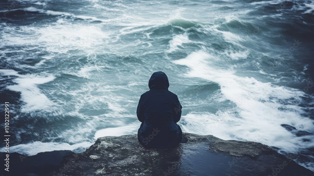 Obraz premium Lonely Figure Overlooking Turbulent Ocean Waves