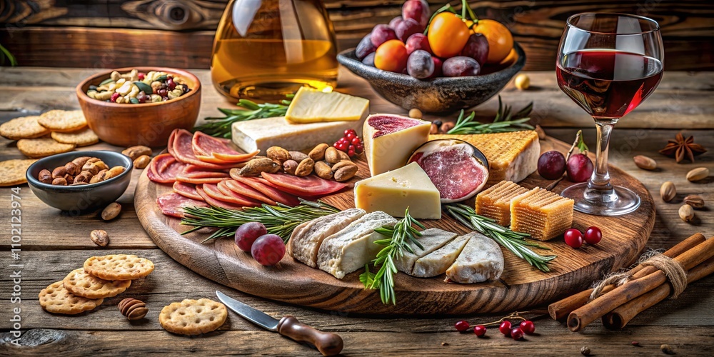Gourmet Cheese and Meat Platter with Wine and Fruits Gourmet Cheese and Meat Platter with Wine and Fruits