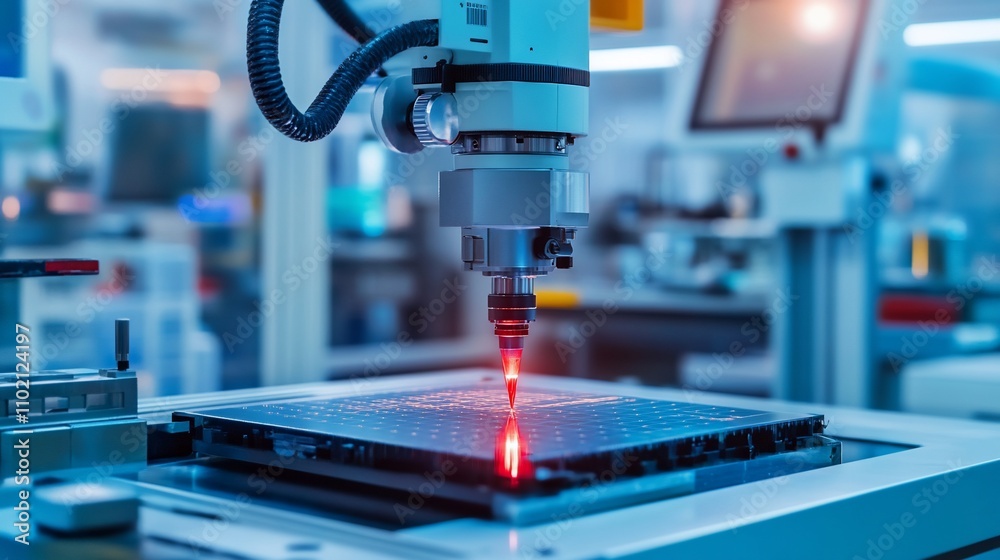 Fototapeta premium Automated robotic arm precisely soldering a circuit board in a modern factory.