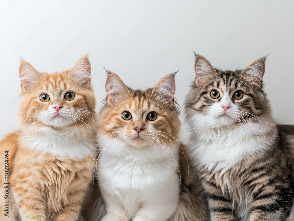 Adorable Trio of Fluffy Kittens in Soft Light on Neutral Background - Cute Feline Group Portrait for Pet Lovers and Calm Content Adorable Trio of Fluffy Kittens in Soft Light on Neutral Background - Cute Feline Group Portrait for Pet Lovers and Calm Content