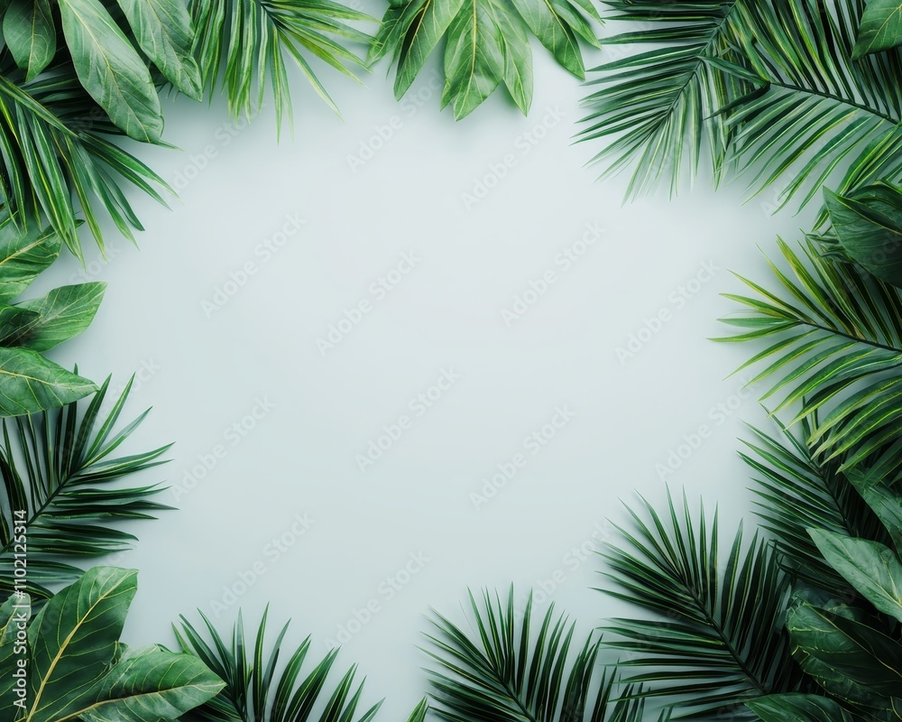 Botanical Symmetry Serene Flat Lay of Lush Tropical Leaves on Light-Blue Background - Minimalist Nature Frame for Branding and Design Concepts Botanical Symmetry Serene Flat Lay of Lush Tropical Leaves on Light-Blue Background - Minimalist Nature Frame for Branding and Design Concepts