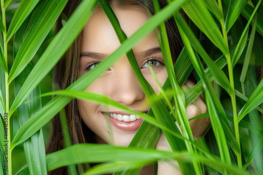 A woman is smiling in the middle of a green leafy plant A woman is smiling in the middle of a green leafy plant