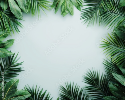 Botanical Symmetry Serene Flat Lay of Lush Tropical Leaves on Light-Blue Background - Minimalist Nature Frame for Branding and Design Concepts