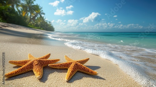 A serene tropical beach scene featuring two starfish resting on the soft sand as the gentle waves of the turquoise ocean touch the shore under a bright blue sky.