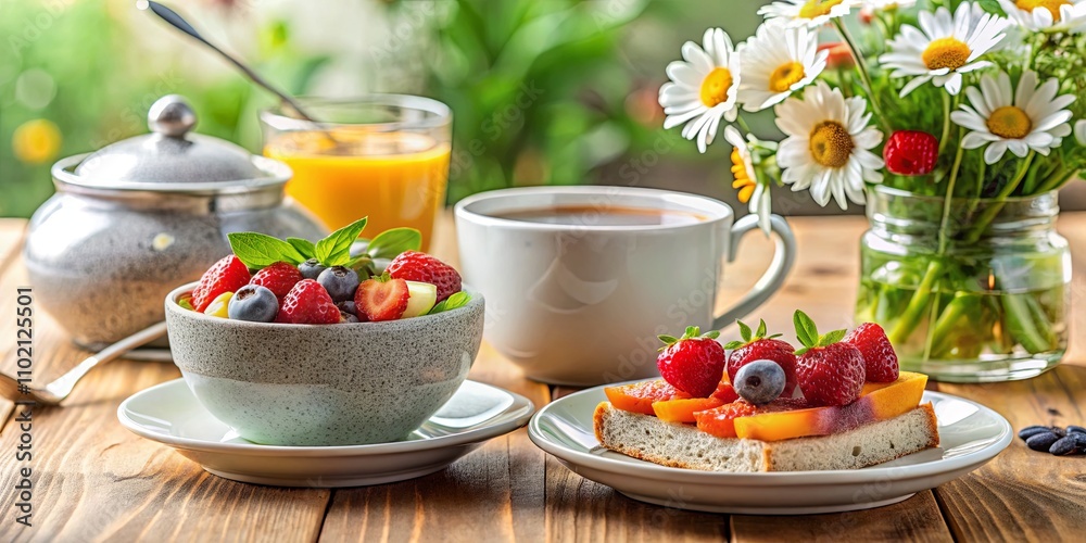 Fresh Breakfast with Fruits and Beverages on Table Fresh Breakfast with Fruits and Beverages on Table