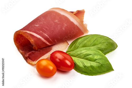 Delicious Serrano ham, cured jamon iberico, isolated on white background. photo