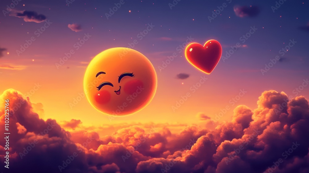 Cute Smiling Sun and Heart Floating in Colorful Sky at Sunset Cute Smiling Sun and Heart Floating in Colorful Sky at Sunset