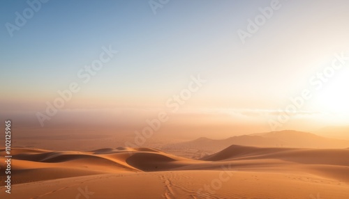 Golden desert sunrise panorama, soft focus.