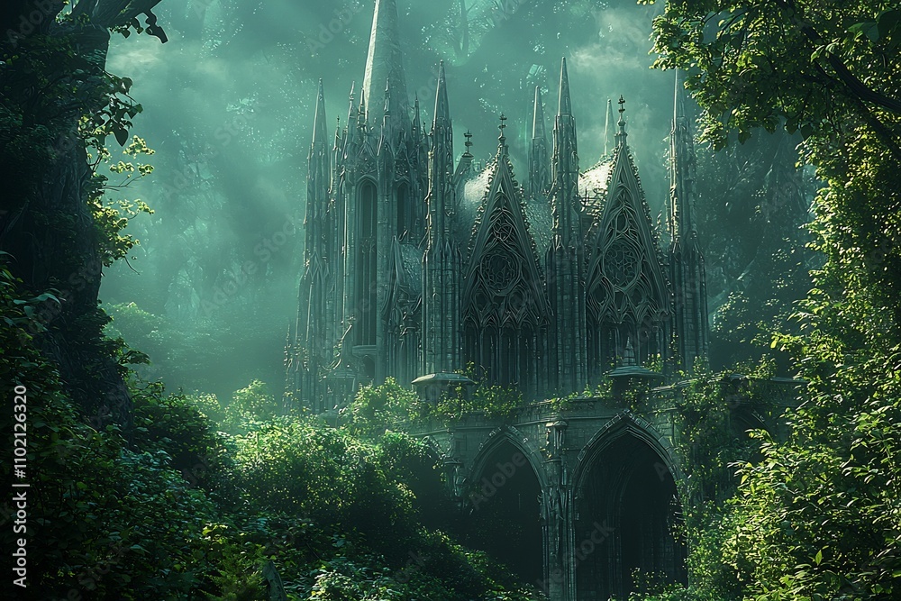 Obraz premium Majestic Gothic Cathedral Enveloped in Mystical Forest Mist