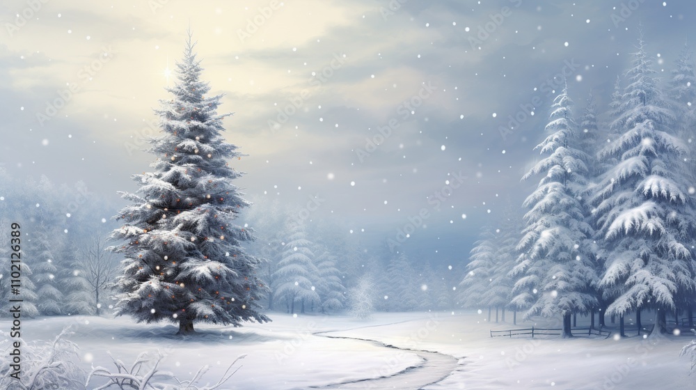 A snowy winter scene with a path, snow-covered trees, and a Christmas tree. Soft, light snowfall. A snowy winter scene with a path, snow-covered trees, and a Christmas tree. Soft, light snowfall.