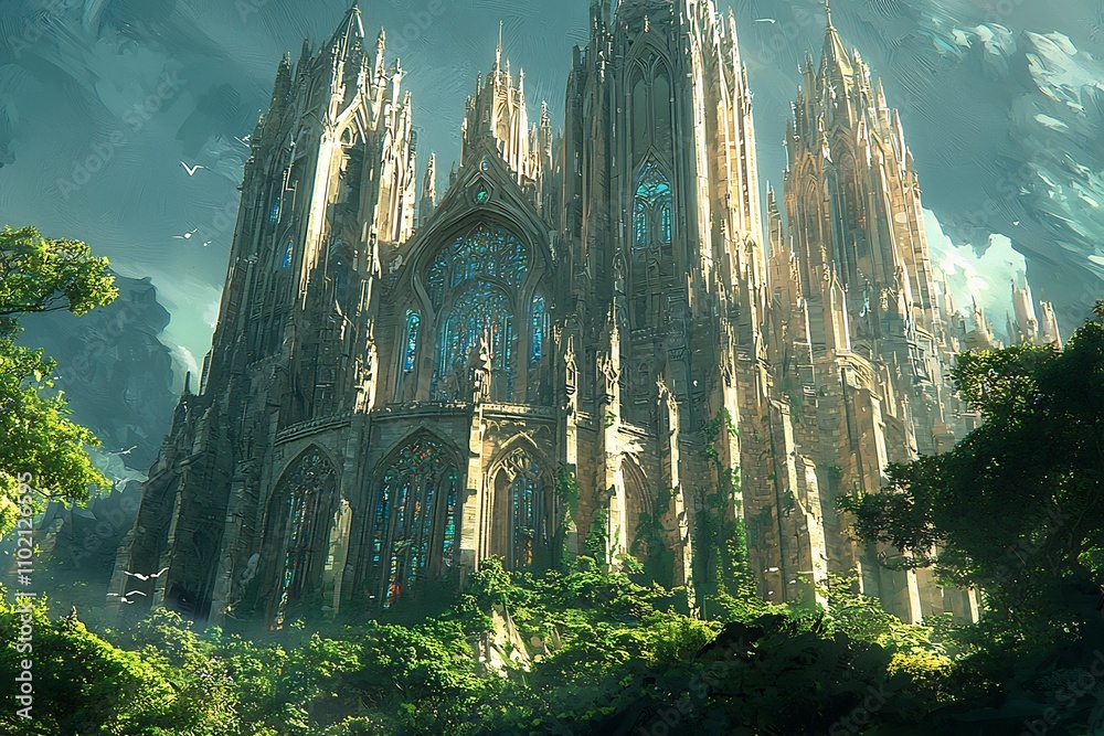 Majestic Gothic Cathedral in Enchanted Forested Landscape