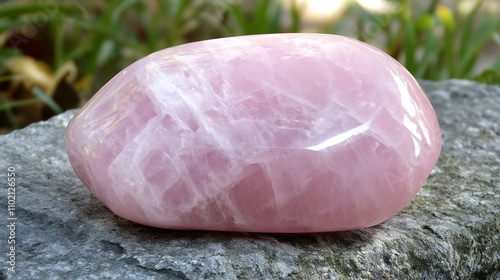 Polished rose quartz gemstone resting on grey stone, outdoors. photo