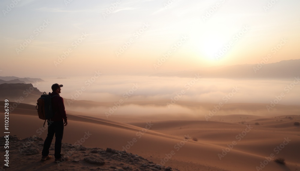 Hiker silhouetted at sunrise over desert fog. Hiker silhouetted at sunrise over desert fog.