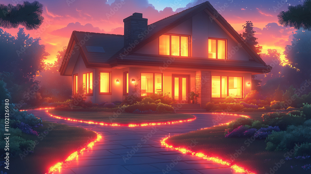 Beautiful house illuminated by warm light with a dramatic lava pathway at sunset. Generative AI Beautiful house illuminated by warm light with a dramatic lava pathway at sunset. Generative AI
