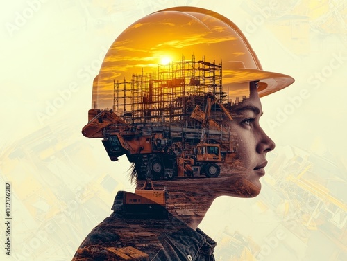 Dreamlike Construction Identity Double Exposure Portrait with Sunset Silhouette in Hard Hat, Contemplative Engineering Concept in Warm Tones