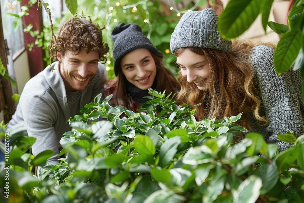 Three people are looking at plants in a greenhouse Three people are looking at plants in a greenhouse