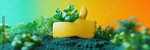 Green Thumbs Up: Eco-Friendly Like Button - 3D  of a yellow thumbs up icon nestled in lush green plants, symbolizing positivity, growth, sustainability, nature, and approval. photo