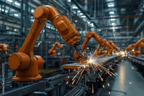 Dynamic Industrial Robotics Closeup of Vibrant Orange Robotic Arms Welding in Hi-Tech Factory Setting with Sparks - Technological Efficiency and Precision Concept