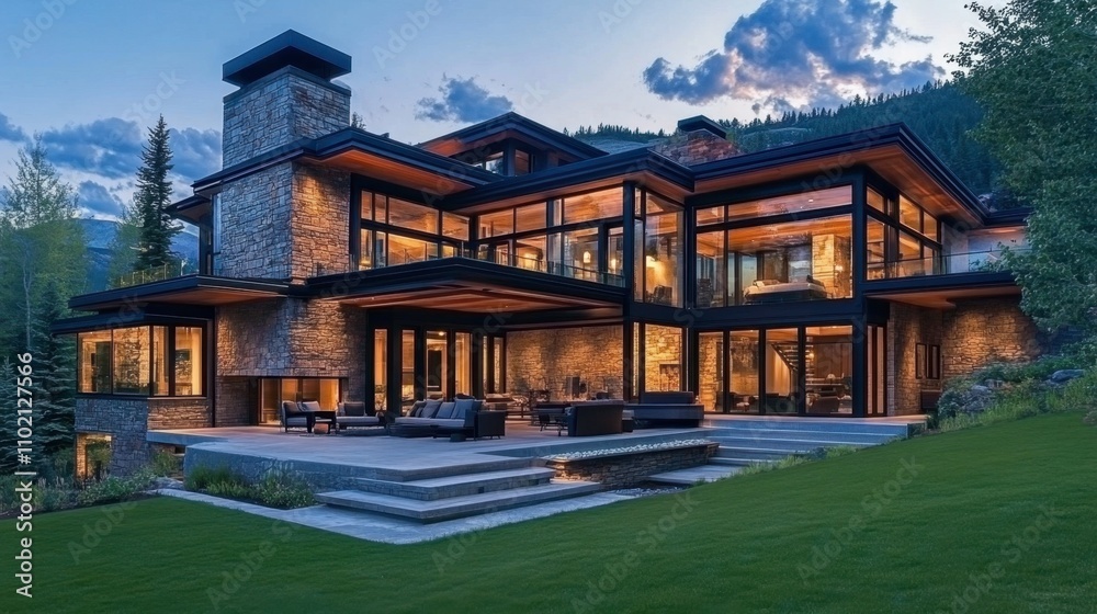 Modern luxury home exterior at dusk with beautiful landscape views Modern luxury home exterior at dusk with beautiful landscape views
