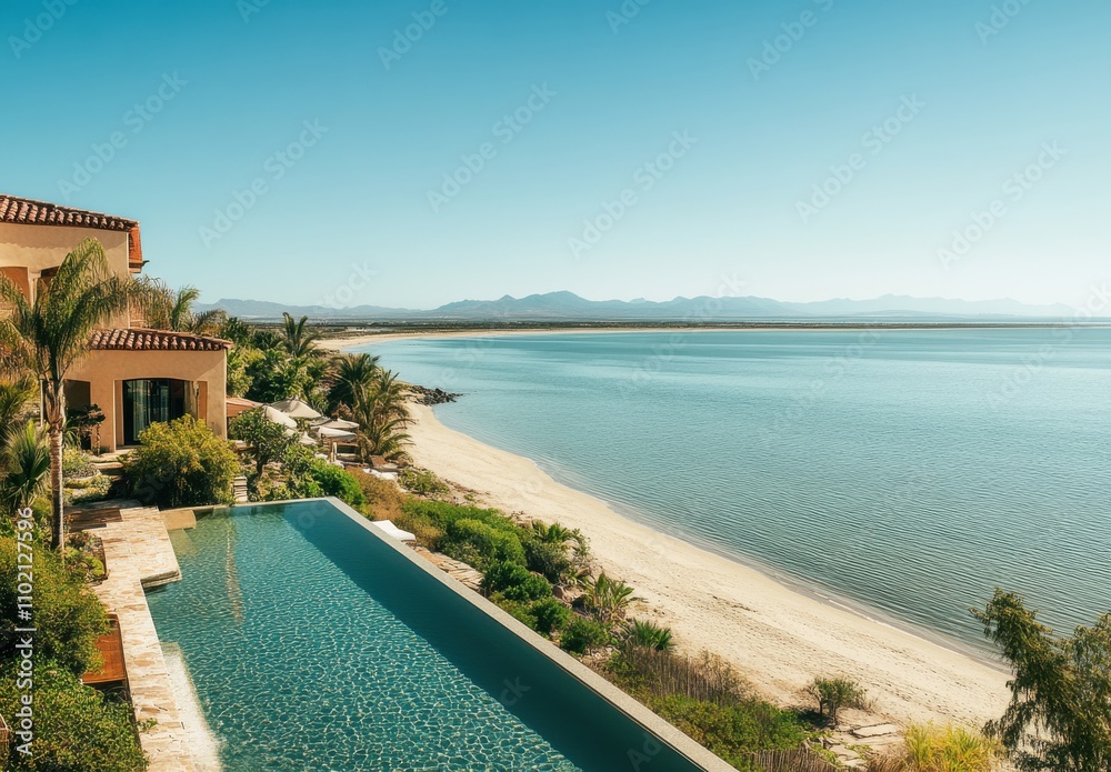 Fototapeta premium Tranquil Coastal Scene with Infinity Pool Overlooking Clear Water and Sandy Beach Near Luxurious Villa Surrounded by Palm Trees and Scenic Mountains