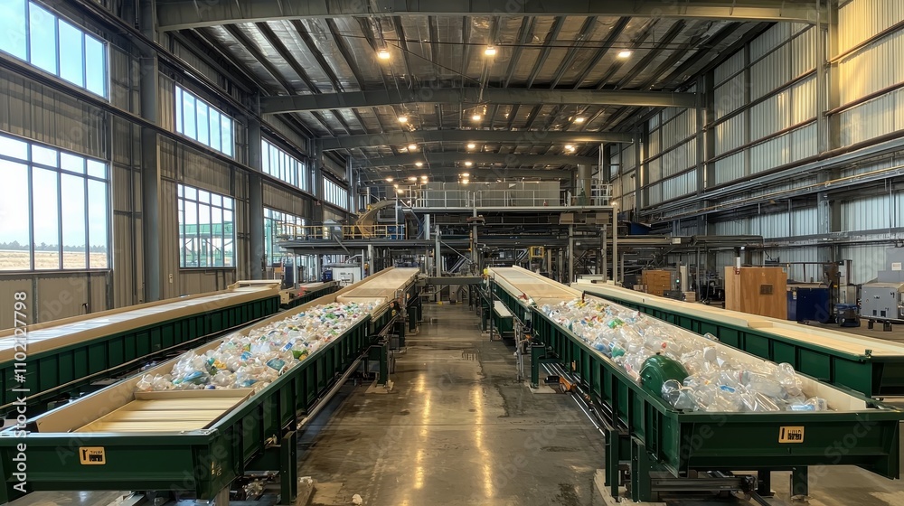 Efficient Plastic Recycling Facility with Parallel Conveyors in Industrial Setting, Eco-Friendly Waste Management Industrial Efficiency, Large-Scale Operation Efficient Plastic Recycling Facility with Parallel Conveyors in Industrial Setting, Eco-Friendly Waste Management Industrial Efficiency, Large-Scale Operation