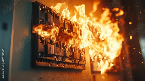 Electrical Panel Engulfed In Fiery Flames Burning Brightly
