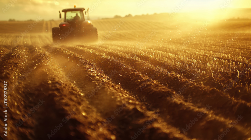 tractor plowing sunlit field, creating dust clouds in golden hour. expansive farmland showcases rich soil and furrows, evoking sense of tranquility and hard work