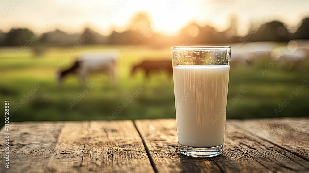 A Glass of Milk in a Rural Setting at Sunset A Glass of Milk in a Rural Setting at Sunset