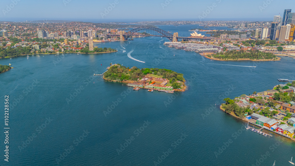 Fototapeta premium Aerial View of Sydney Harbour Balmain Darling harbour Sydney CBD cockle Bay Wharf North Sydney harbour bridge Lavender Bay Milsons Point Manly on a warm summer day blue skies