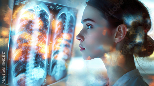 focused radiologist examines lung X rays, showcasing dedication and expertise in medical imaging. vibrant colors enhance visual impact of analysis