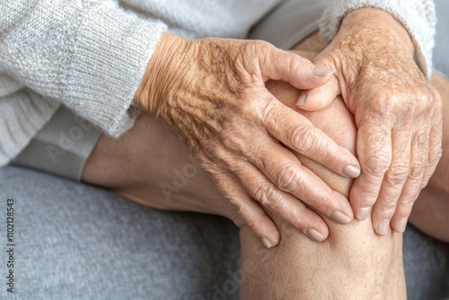 Mature individual holding their knee in a gentle supportive gesture soft lighting symbolizing pain relief and health care focus photo