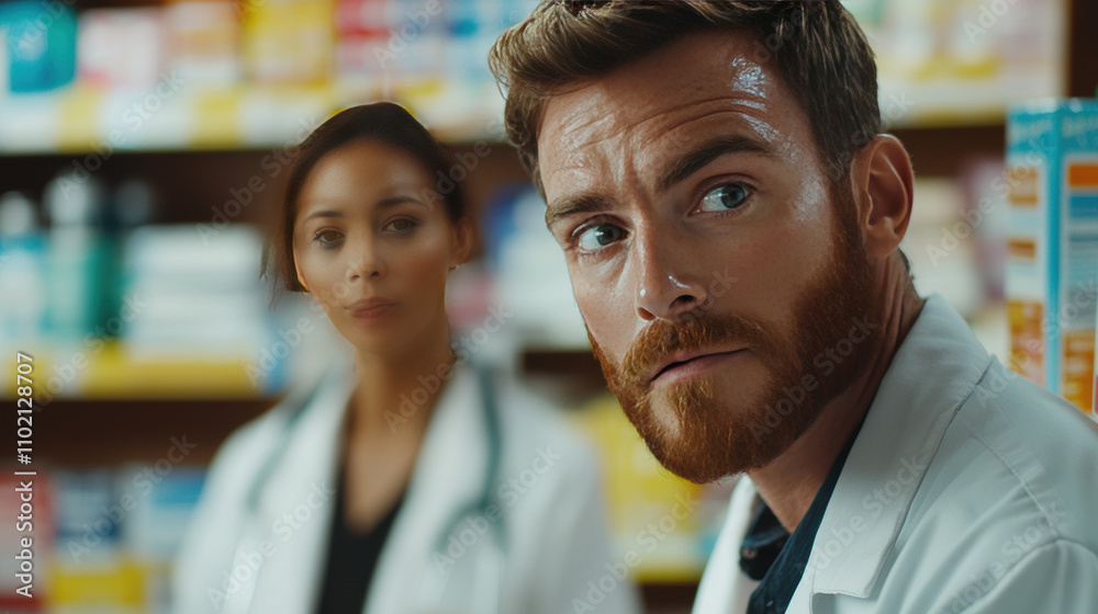 focused pharmacist with beard and female colleague in pharmacy. shelves are stocked with various medications, creating professional atmosphere