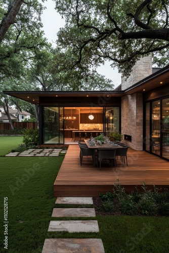 Elegant Outdoor Dining Experience at Dusk in Modern Luxury Home with Glass Doors, Tranquil Residential Setting