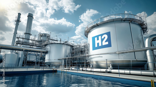 Futuristic hydrogen production plant with H2 storage tanks under a clear blue sky and shining sun reflecting on its sleek surfaces
