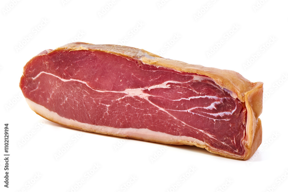 Italian prosciutto crudo or spanish jamon. Jerked meat, isolated on white background. Italian prosciutto crudo or spanish jamon. Jerked meat, isolated on white background.