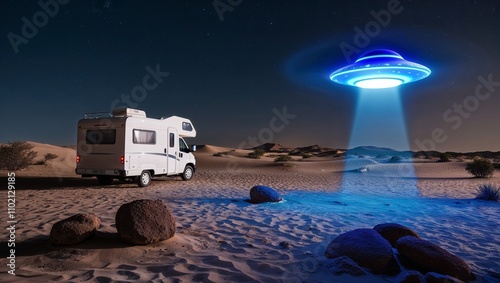 Alien spaceship abducting camper van in desert at night, sci-fi scene with copy space photo